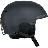 Sandbox Icon Snow Helmet 2024 - A black helmet with a white logo on the side and a chin strap.