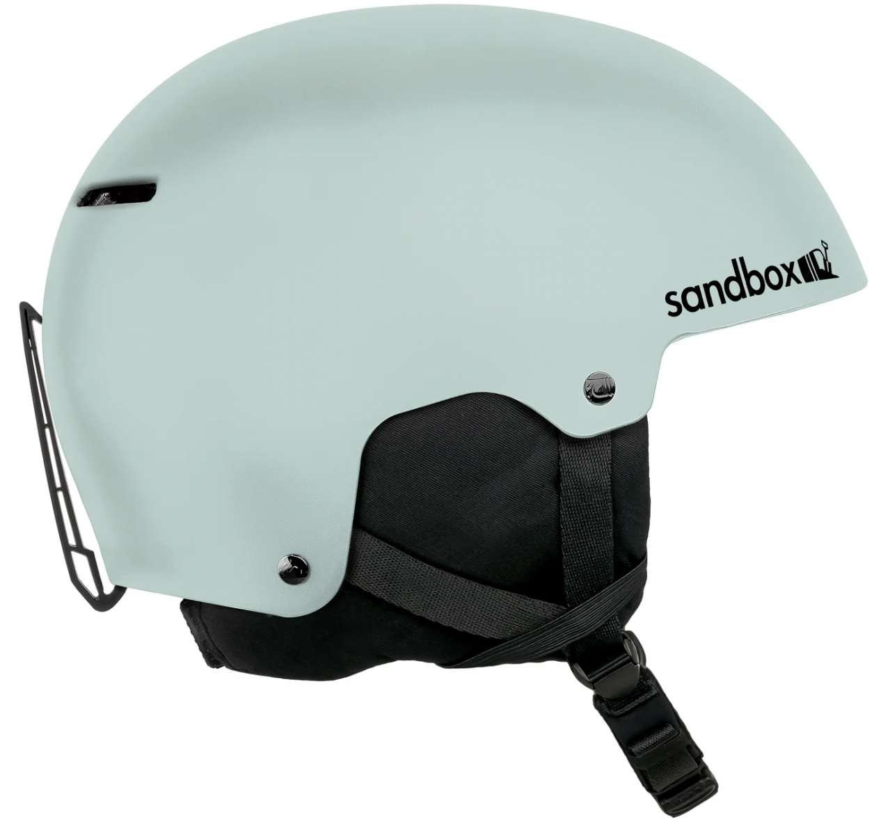 Sandbox Icon Snow Helmet 2024 - A white helmet with a black logo on the side and a chin strap.