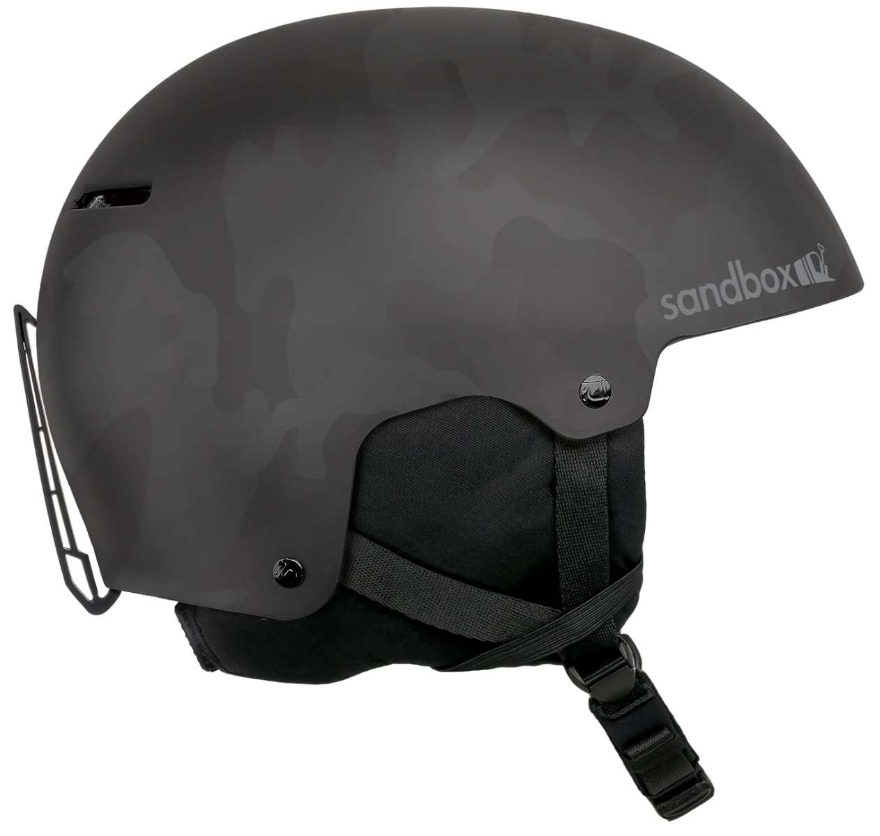 Sandbox Icon Snow Helmet 2024 - A black helmet with a white logo on the side and a chin strap.