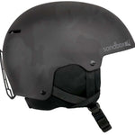 Sandbox Icon Snow Helmet 2024 - A black helmet with a white logo on the side and a chin strap.