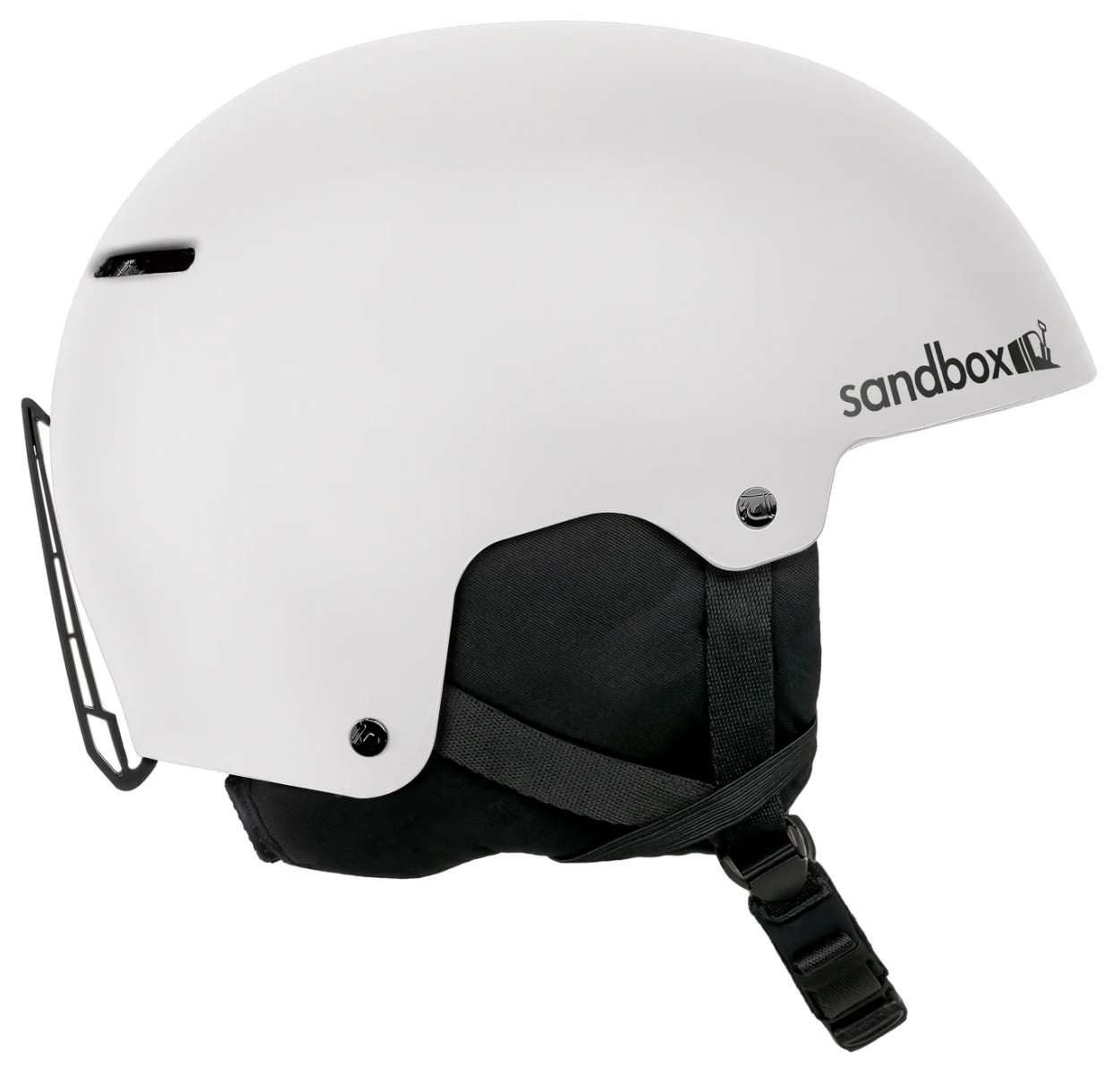 Sandbox Icon Snow Helmet 2024 - A white helmet with a black chin strap and ventilation holes on top.