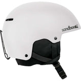 Sandbox Icon Snow Helmet 2024 - A white helmet with a black chin strap and ventilation holes on top.