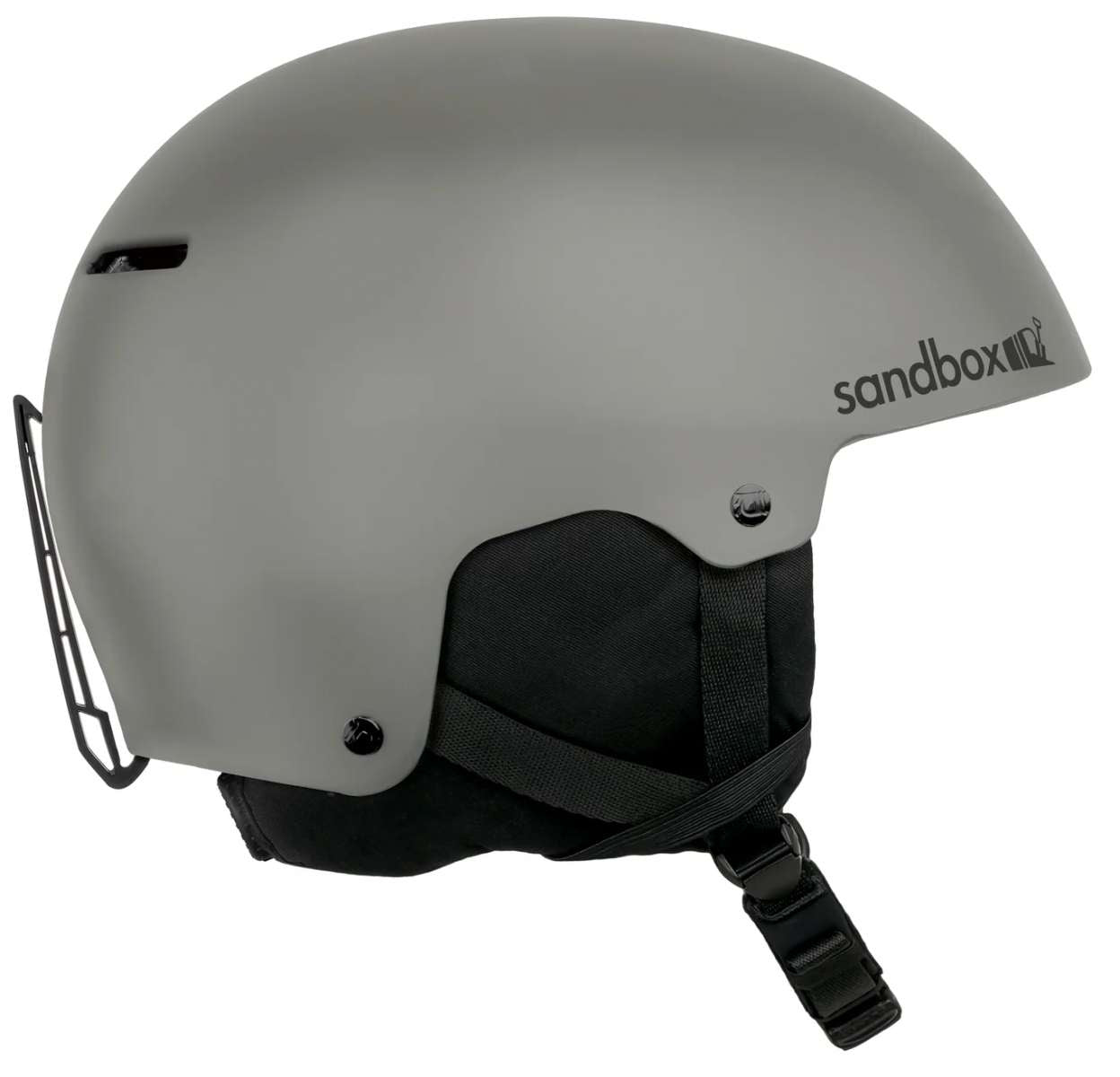 Sandbox Icon Snow Helmet 2024 - A gray helmet with a black chin strap and ventilation holes on top.