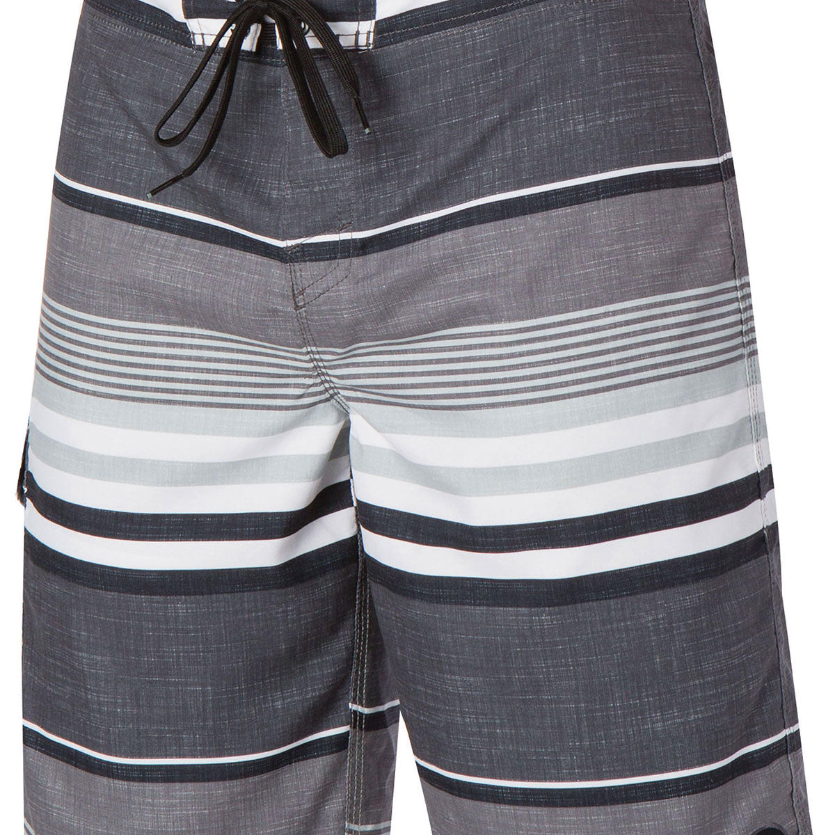 O'Neill Men's Santa Cruz Stripe Board Shorts 2015 - A pair of men's board shorts with horizontal stripes in shades of gray and white.