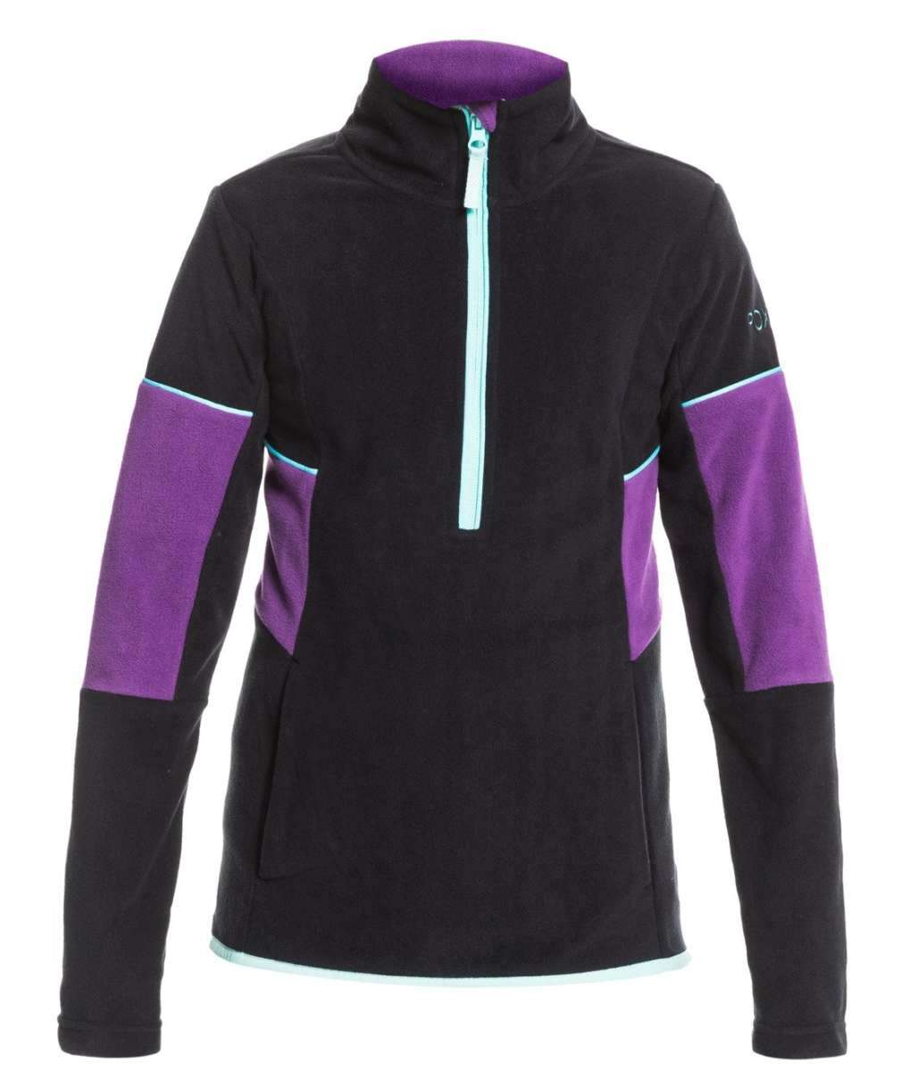 Sayna Women's WarmFlight Half-Zip Fleece - A black fleece jacket with purple accents on the shoulders and chest, featuring a half-zip front.