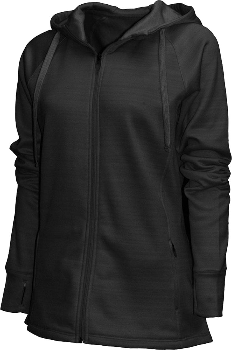 BAW Athletic Wear Women's Scuba Full Zip Jacket - A black zip-up jacket with a scuba-style pattern, featuring a full-length zipper and long sleeves.