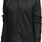 BAW Athletic Wear Women's Scuba Full Zip Jacket - A black zip-up jacket with a scuba-style pattern, featuring a full-length zipper and long sleeves.