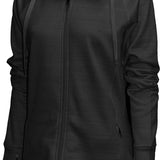 BAW Athletic Wear Women's Scuba Full Zip Jacket - A black zip-up jacket with a scuba-style pattern, featuring a full-length zipper and long sleeves.