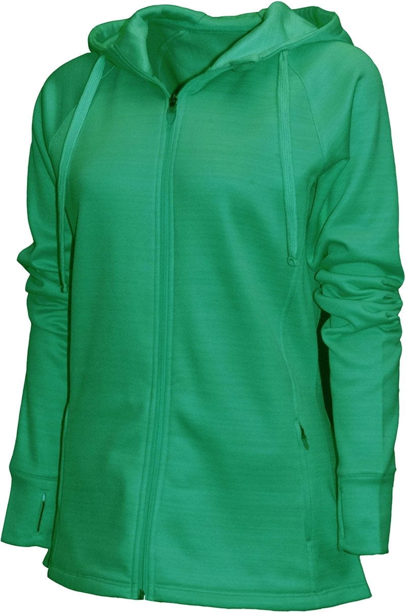 BAW Athletic Wear Women's Scuba Full Zip Jacket - A women's full zip jacket with a scuba design, featuring a zipper closure and a hood. The jacket is primarily black in color.