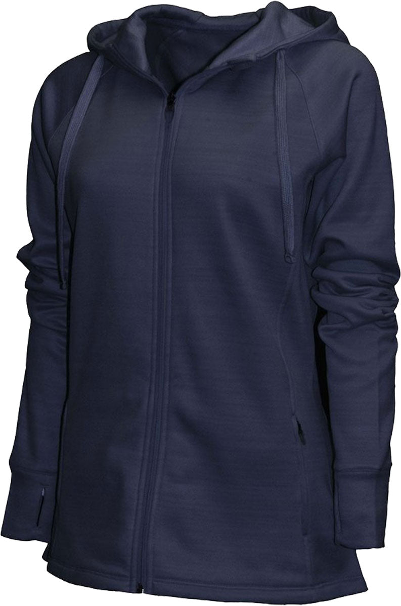 BAW Athletic Wear Women's Scuba Full Zip Jacket - A navy blue jacket with a zipper down the front and two zippered pockets on either side.