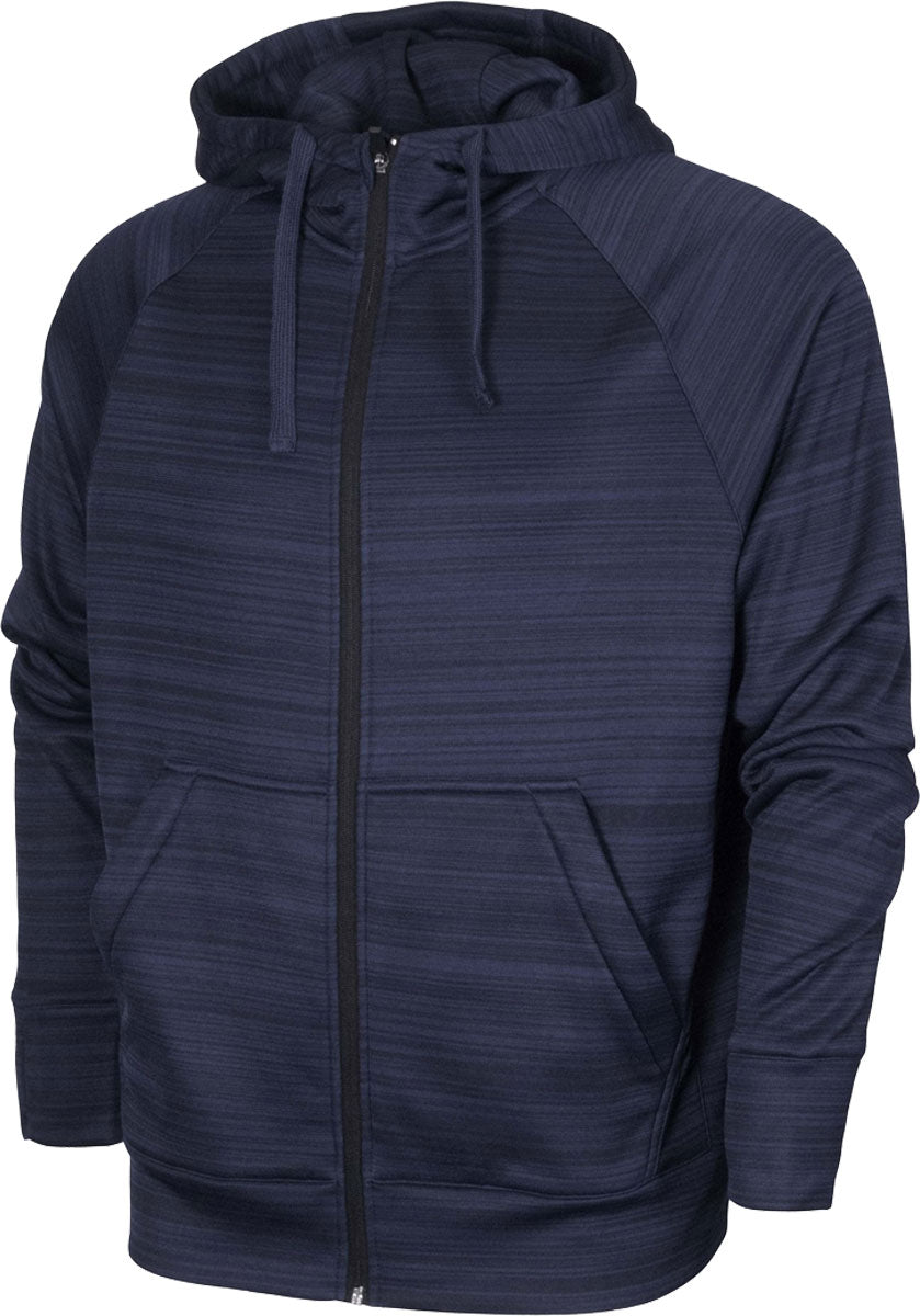 BAW Athletic Wear Men's Scuba Full Zip Jacket - A navy blue jacket with a zippered front and two side pockets, featuring a subtle horizontal stripe pattern on the fabric.