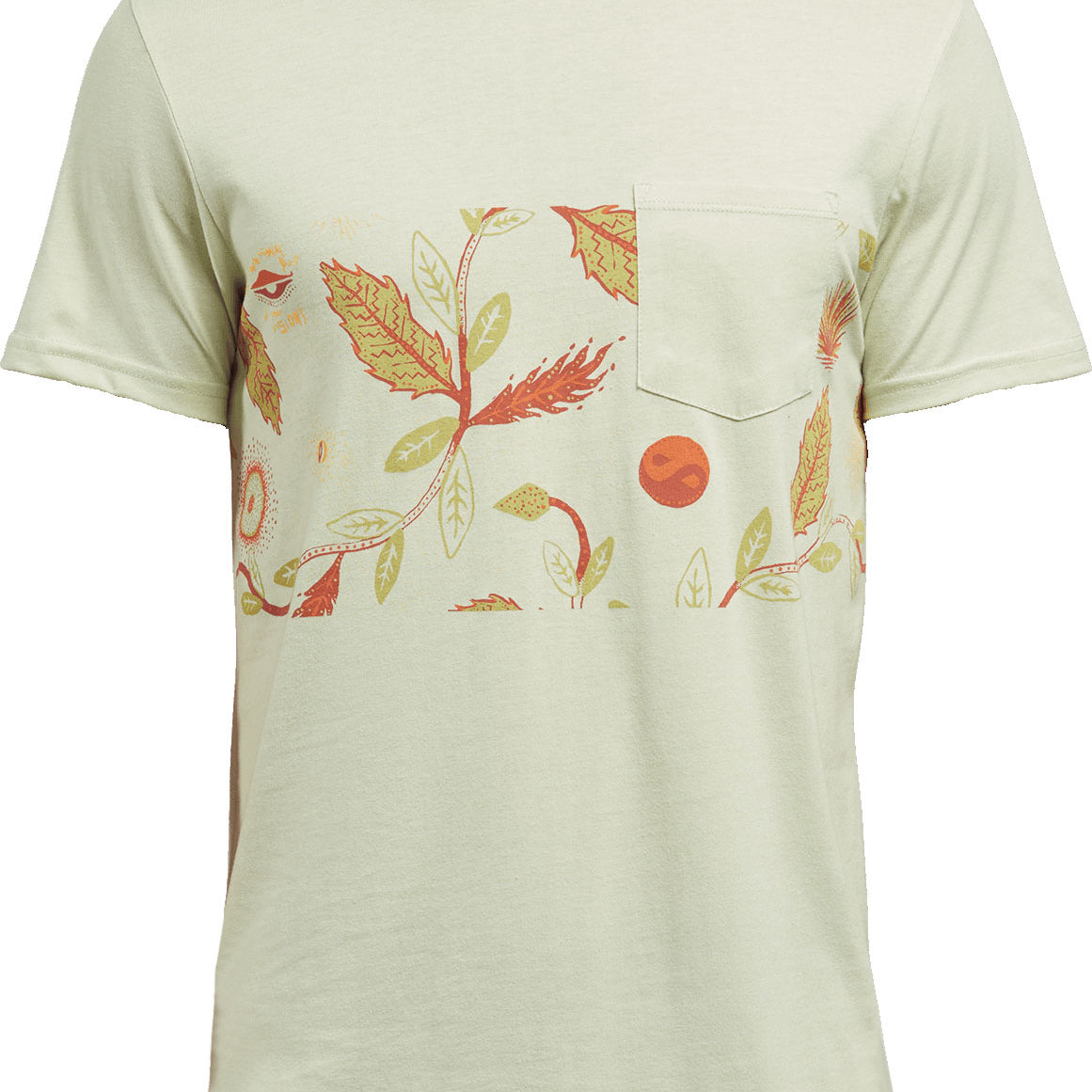 Volcom Men's Sea-Weed Short Sleeve Pocket Tee Shirt 2018 - A light green short-sleeved shirt with a pocket on the chest and a leafy pattern.