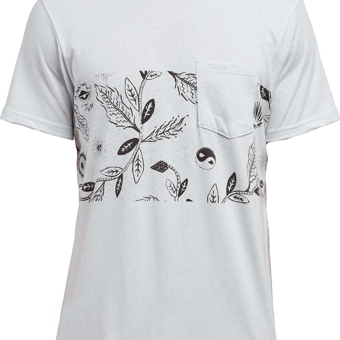 Volcom Men's Sea-Weed Short Sleeve Pocket Tee Shirt 2018 - A white short-sleeved t-shirt with a pocket on the left side and a black sea weed design.