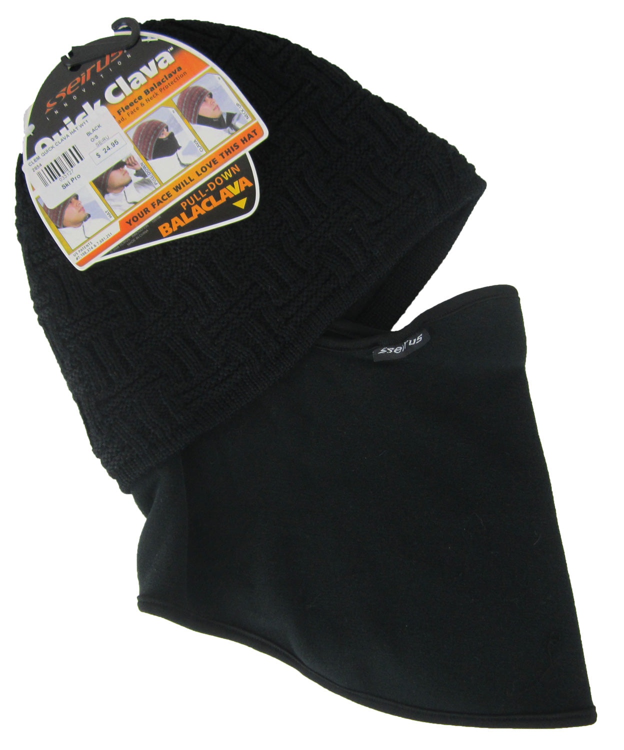 Seirus Clem Quick Clava Hat - Black fleece balaclava with a black drawstring at the neck and white trim around the face opening.