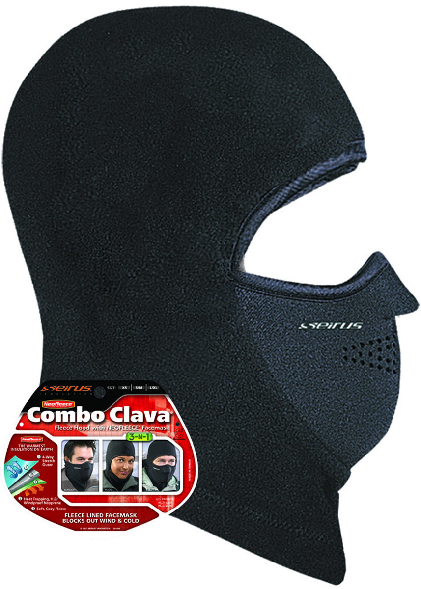 Seirus Combo Clava - Black fleece balaclava with a small white logo on the left side of the neck area.