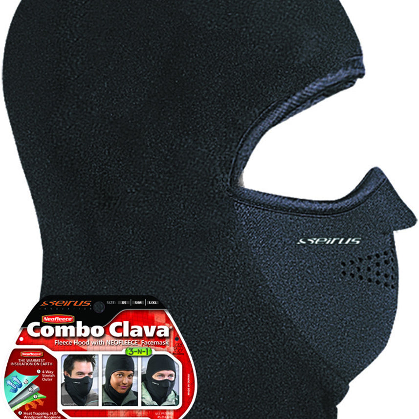 Seirus Combo Clava - Black fleece balaclava with a small white logo on the left side of the neck area.