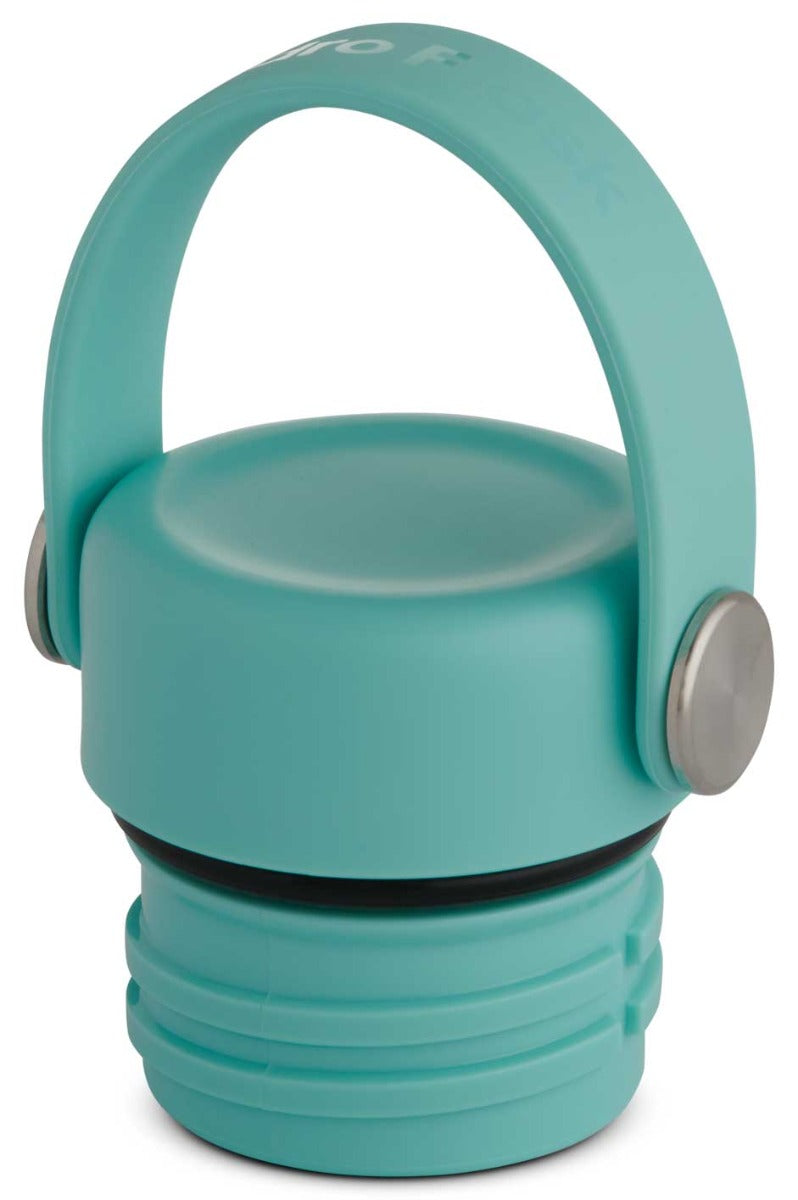 Hydro Flask Standard Mouth Flex Cap - A light blue cap with a flexible handle that can be bent into different shapes, featuring white lettering on the handle and two silver screws on either side of the cap.