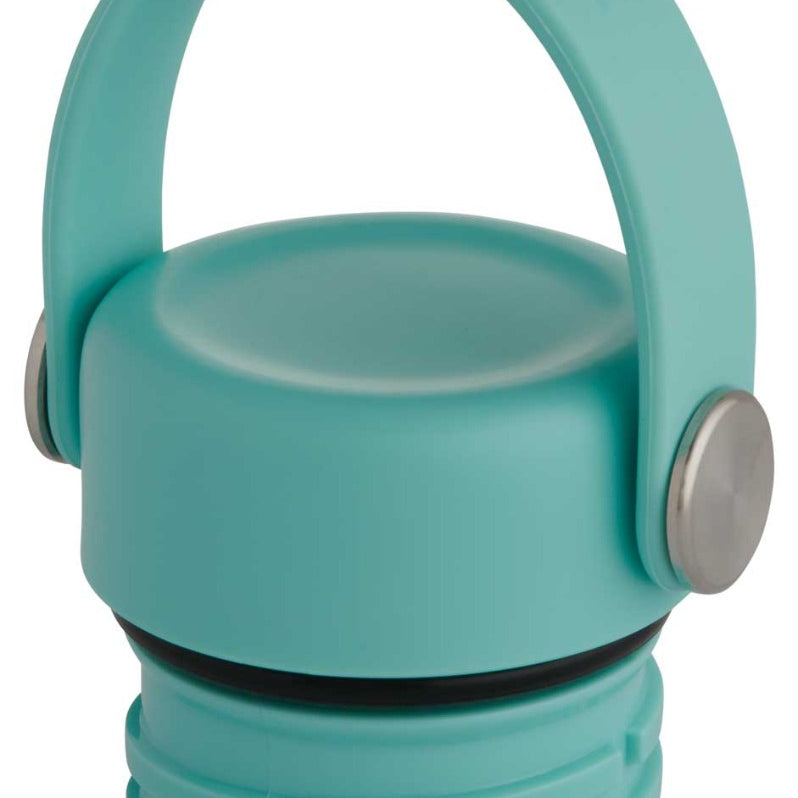 Hydro Flask Standard Mouth Flex Cap - A light blue cap with a flexible handle that can be bent into different shapes, featuring white lettering on the handle and two silver screws on either side of the cap.