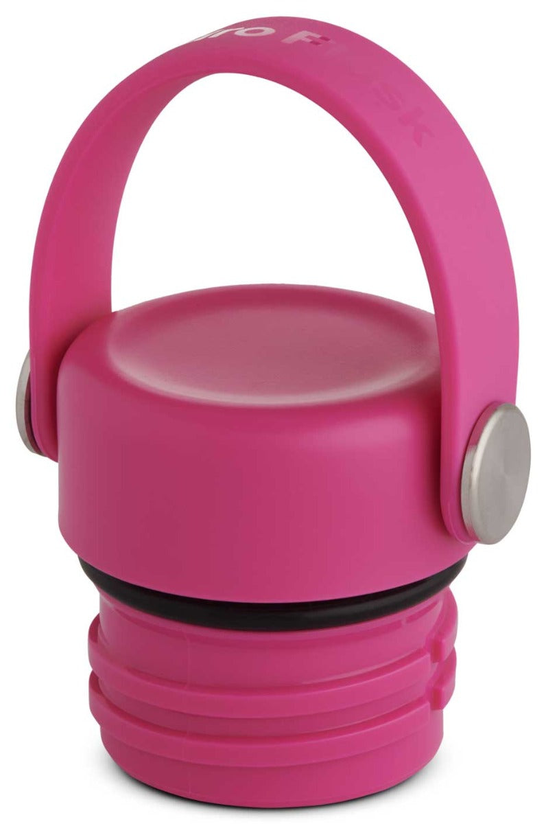 Hydro Flask Standard Mouth Flex Cap - A pink cap with a flexible handle that can be bent into different shapes, featuring white lettering on the top of the handle.