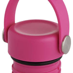 Hydro Flask Standard Mouth Flex Cap - A pink cap with a flexible handle that can be bent into different shapes, featuring white lettering on the top of the handle.