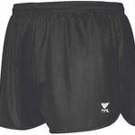 TYR Men's Swim Resistance Short Swimsuit - A black swimsuit with a white logo on the left leg, featuring a textured pattern and a drawstring waistband.