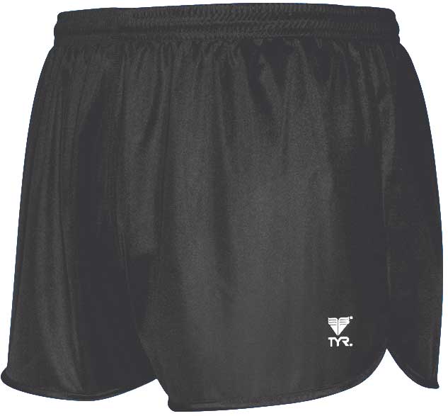 TYR Men's Swim Resistance Short Swimsuit - A black swimsuit with a white logo on the left leg, featuring a textured pattern and a drawstring waistband.
