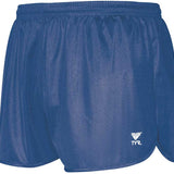 TYR Men's Swim Resistance Short Swimsuit - A pair of navy blue swim trunks with a white logo on the left leg.