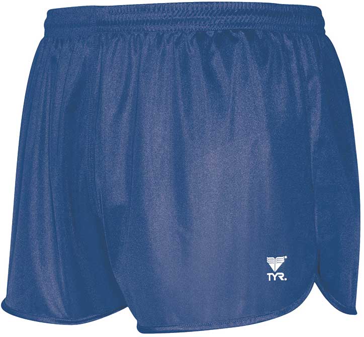 TYR Men's Swim Resistance Short Swimsuit - A pair of navy blue swim trunks with a white logo on the left leg.
