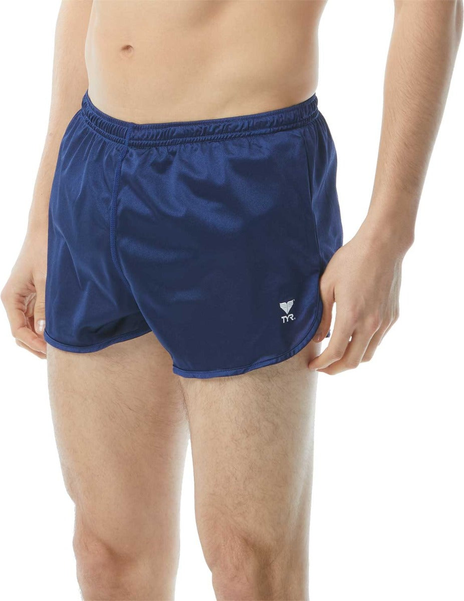 TYR Men's Swim Resistance Short Swimsuit - A pair of navy blue swim trunks with a white logo on the left leg.