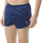 TYR Men's Swim Resistance Short Swimsuit - A pair of navy blue swim trunks with a white logo on the left leg.