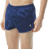 TYR Men's Swim Resistance Short Swimsuit - A pair of navy blue swim trunks with a white logo on the left leg.