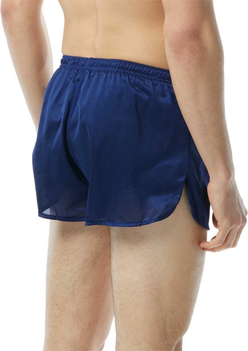 TYR Men's Swim Resistance Short Swimsuit - A pair of navy-blue men's swim trunks with a white stripe down the side and a drawstring waistband.
