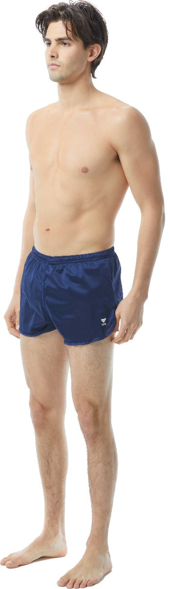 TYR Men's Swim Resistance Short Swimsuit - A pair of navy blue men's swim shorts with a white logo on the left leg.