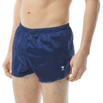 TYR Men's Swim Resistance Short Swimsuit - A pair of navy blue men's swim shorts with a white logo on the left leg.