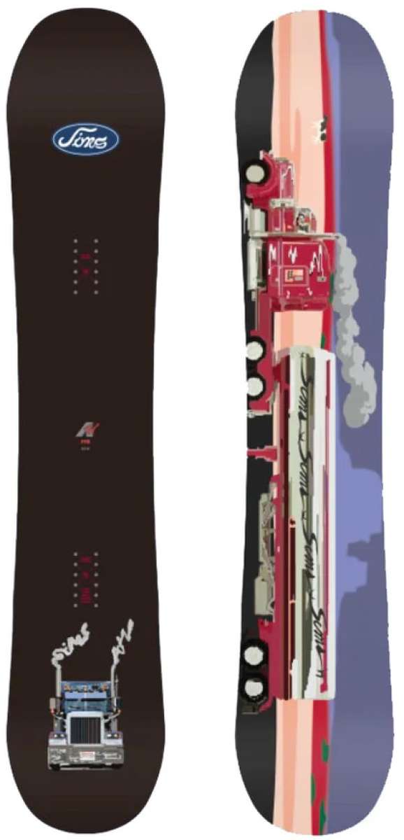 Sims ATV Pro Snowboard 2024 - A black snowboard with a red truck graphic on top of a light blue background.