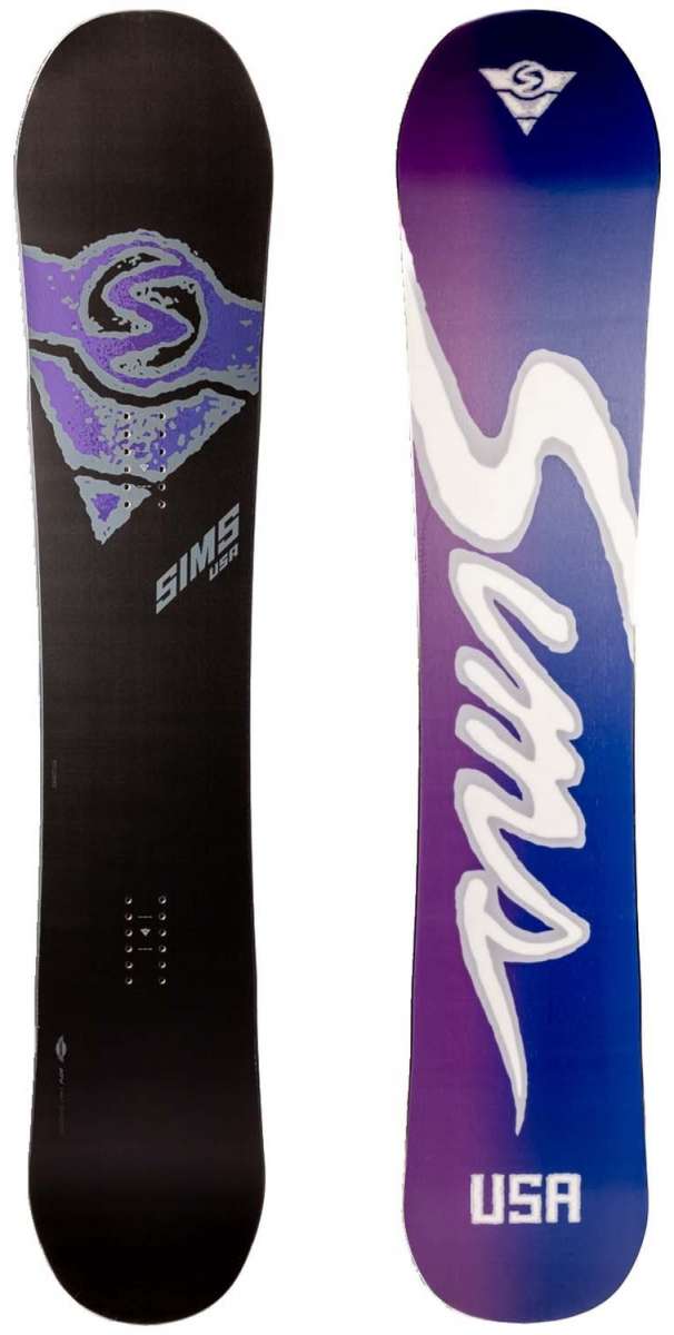 Sims ATV Snowboard 2023 - A black snowboard with a purple logo featuring an "S" and a triangle, on top of which is written "ATV".