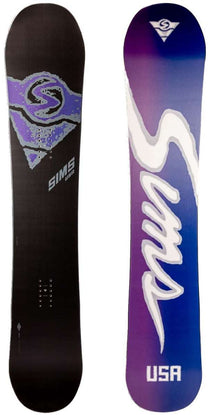 Sims ATV Snowboard 2023 - A black snowboard with a purple logo featuring an "S" and a triangle, on top of which is written "ATV".