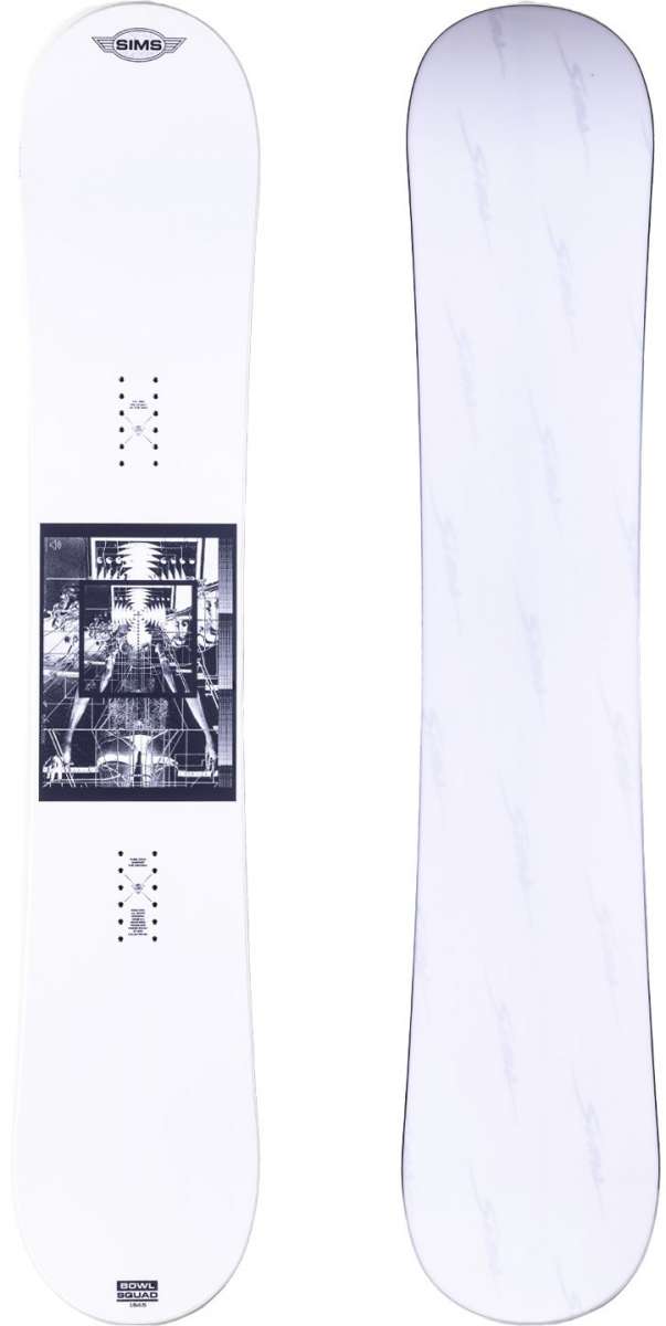 Sims Bowl Squad Snowboard 2024 - White snowboard with black logo at top and black graphic of a person riding down a mountain in center.