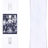 Sims Bowl Squad Snowboard 2024 - White snowboard with black logo at top and black graphic of a person riding down a mountain in center.