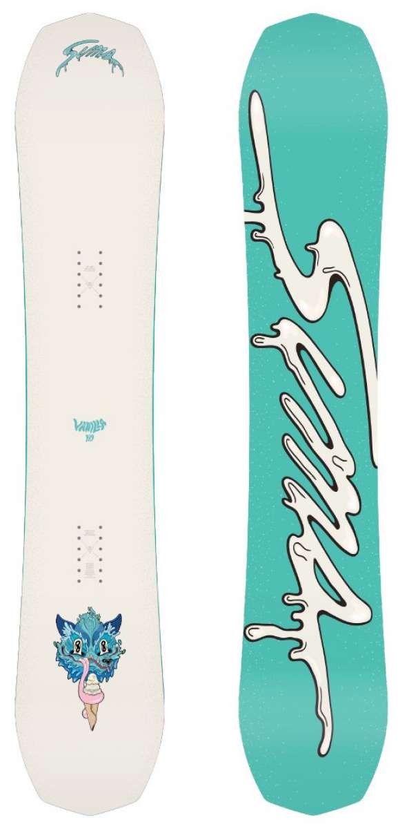 Sims Women's Vanilla Snowboard 2024 - A white snowboard with a blue and pink graphic of an ice cream cone with a face on it.