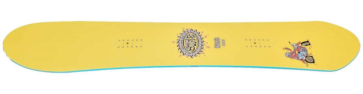 Sims Nub Snowboard 2023 - A yellow snowboard with a black and white logo on top.