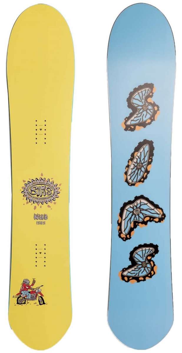 Sims Nub Snowboard 2023 - A yellow snowboard with a logo that says "SIMS" in black letters and a sunburst design around it.