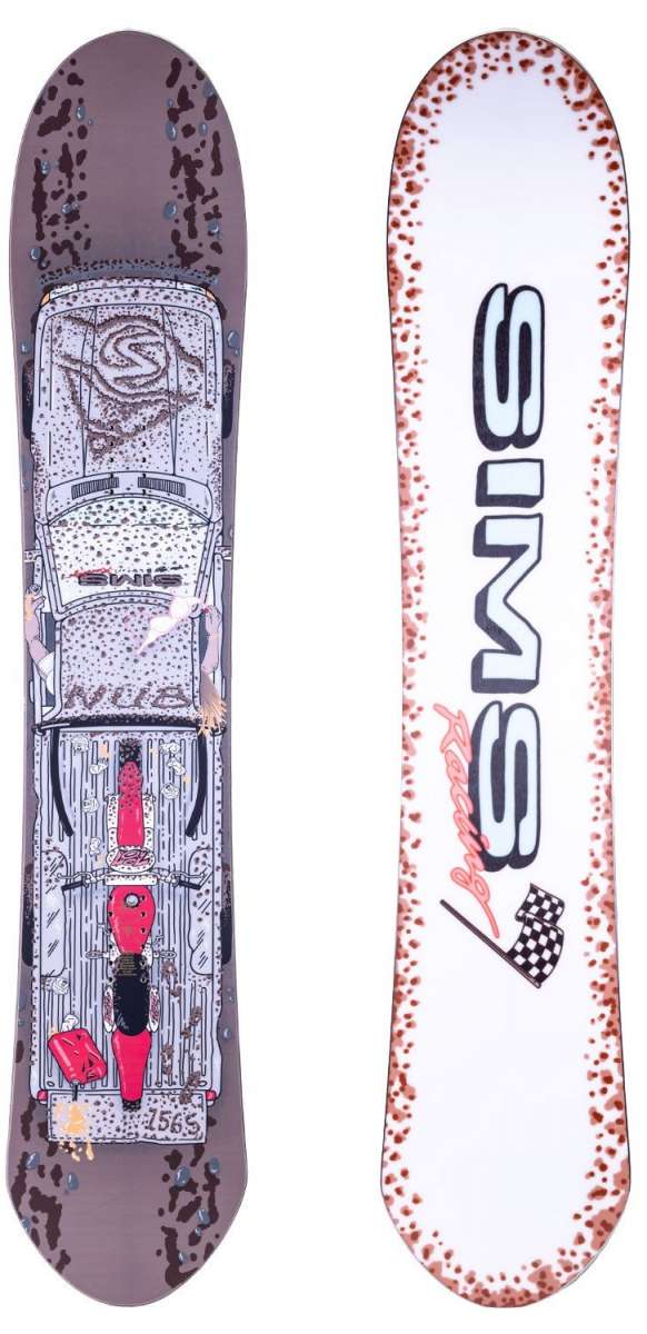 Sims Nub Snowboard 2024 - A white snowboard with a brown graphic of a man riding it down a mountain.