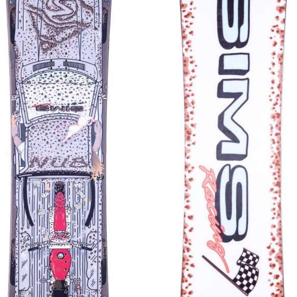 Sims Nub Snowboard 2024 - A white snowboard with a brown graphic of a man riding it down a mountain.