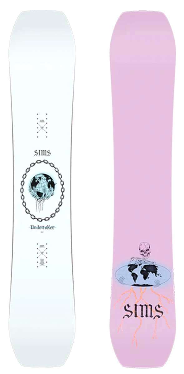 Sims Undertaker Snowboard 2024 - A white snowboard with a black globe graphic and chain design on top of it.