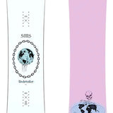 Sims Undertaker Snowboard 2024 - A white snowboard with a black globe graphic and chain design on top of it.