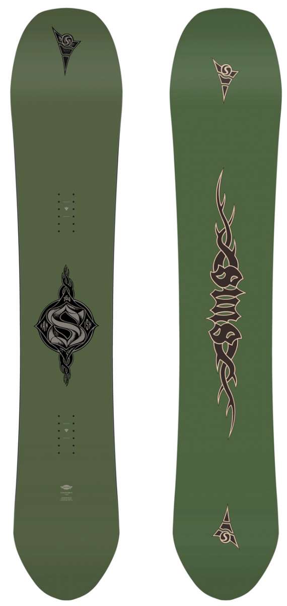 Sims Vanish Snowboard 2023 - A dark green snowboard with a black logo featuring a stylized "V" and a white outline of a mountain range.