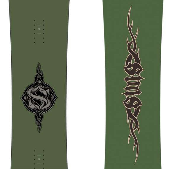 Sims Vanish Snowboard 2023 - A dark green snowboard with a black logo featuring a stylized "V" and a white outline of a mountain range.
