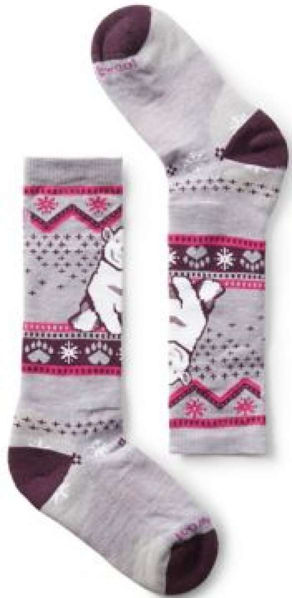 Smartwool Kids Full Cush Bear Sock 2022-2023 - A pair of gray socks with a brown bear design on the ankle area.