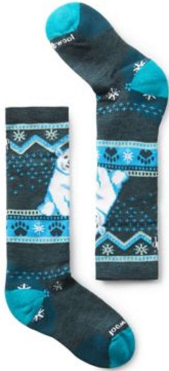 Smartwool Kids Full Cush Bear Sock 2022-2023 - A pair of gray socks with a bear design on the ankle and toes.